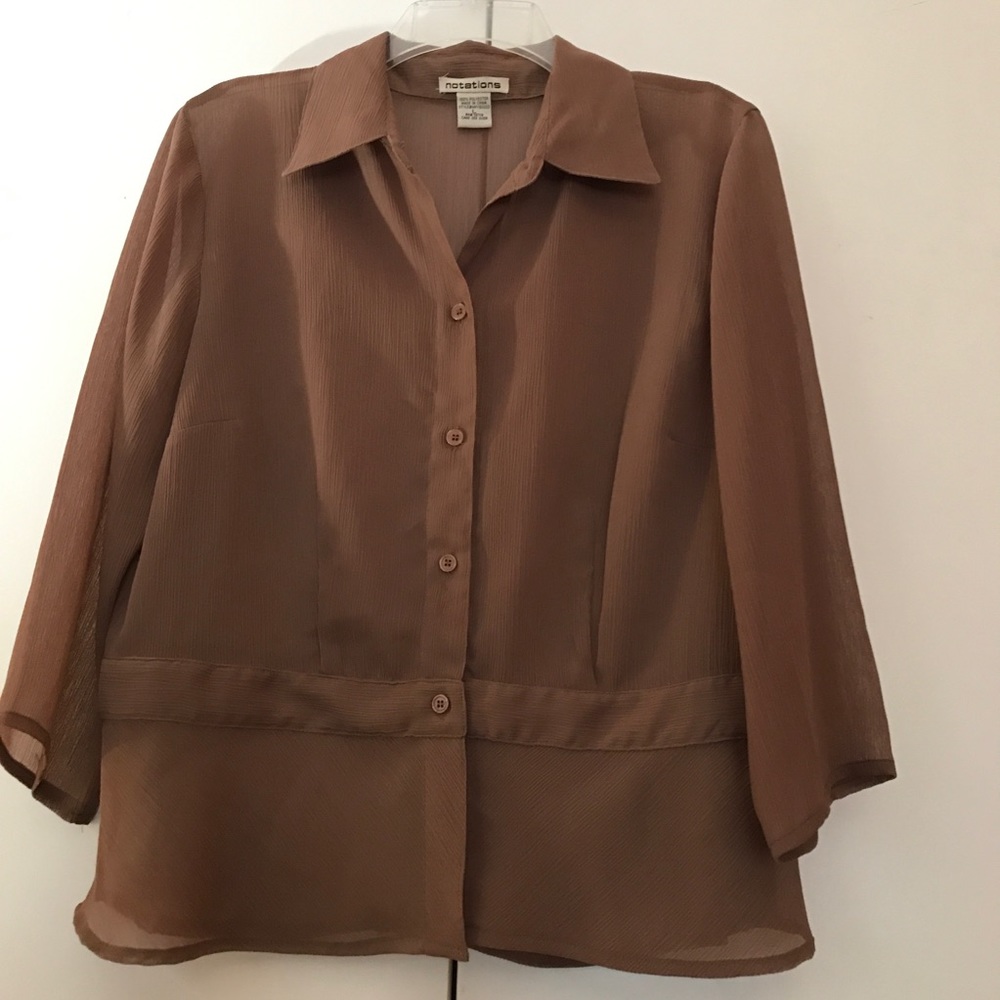 NOTATIONS SEMI SHEER 3/4 SLEEVE PEPLUM HEM BLOUSE